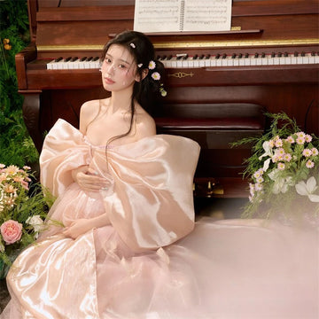 MQTIME  -  Women Maternity Dresses for Photography Pink Vintage Sweet Bow-knot Long Dress for Pregancy Clothes for Studio Photoshoot